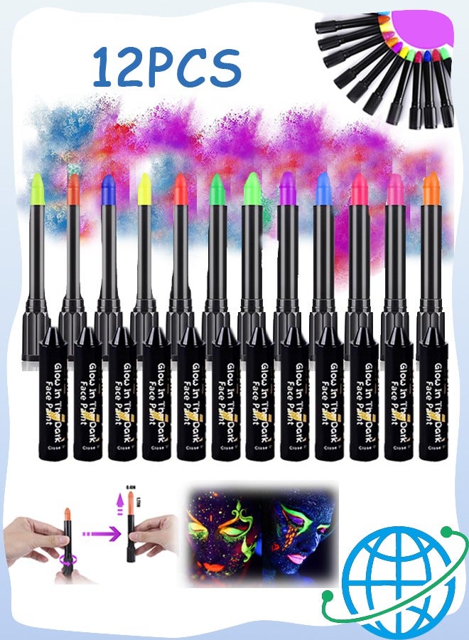 MXN ​​Long Lasting Face Paint Crayons Glow Kit​​ - 12 Pcs Waterproof Fluorescent Face Painting Kit For UV Party Makeup - Beginner Friendly Cosplay - Image 1